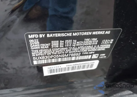 2022 BMW X3 M40I из США, поврежденный, VIN 5UX83DP05N9M78892